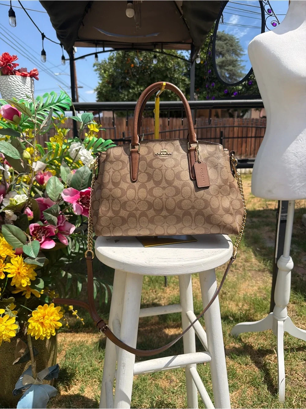 Coach Brown Signature Dome Satchel with Chain-Strap